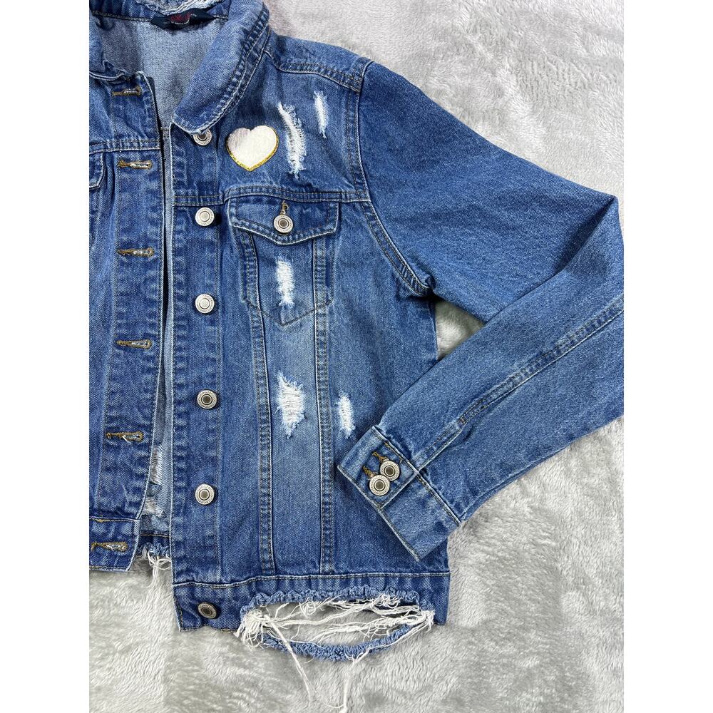 Excuse Distressed Denim Jacket Women Medium Edgy Rocker Moto Style Biker - Picture 5 of 9